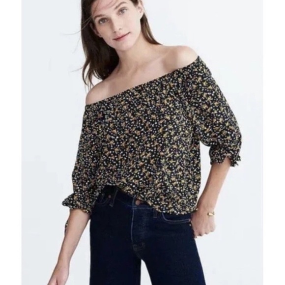 Madewell Size M Silk Blouse Off Shoulder 3/4 Sleeve Leaf Print Boho Peasant - Picture 1 of 9